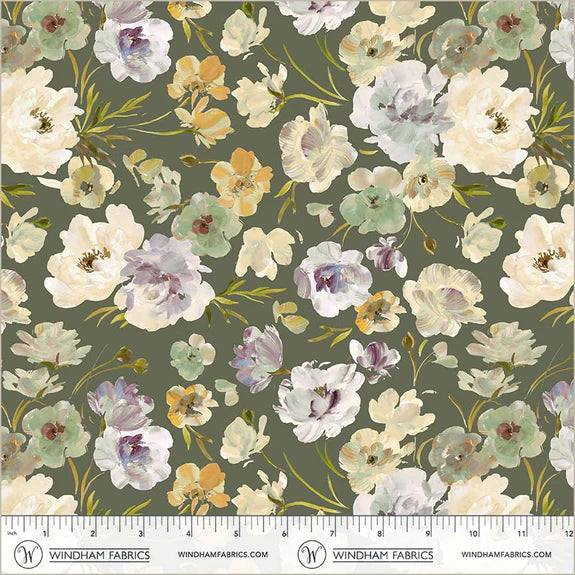 Cotton CANVAS Fabric RUNUNCULUS 54874DC-18 Moss, Bloomfield Collection by Kelly Ventura for Windham