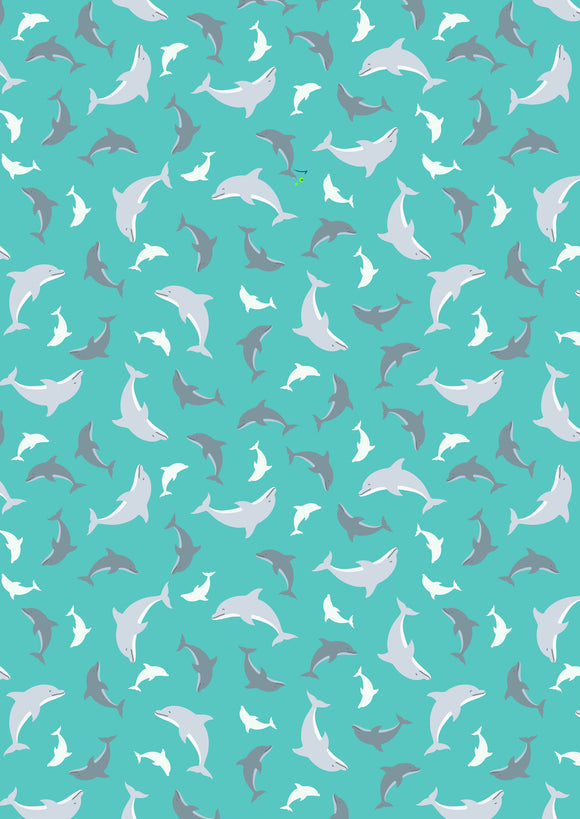 GLOW in the DARK Fabric SCATTERED DOLPHINS Turquoise from Ocean Glow Collection By Lewis and Irene D#A782 C#1