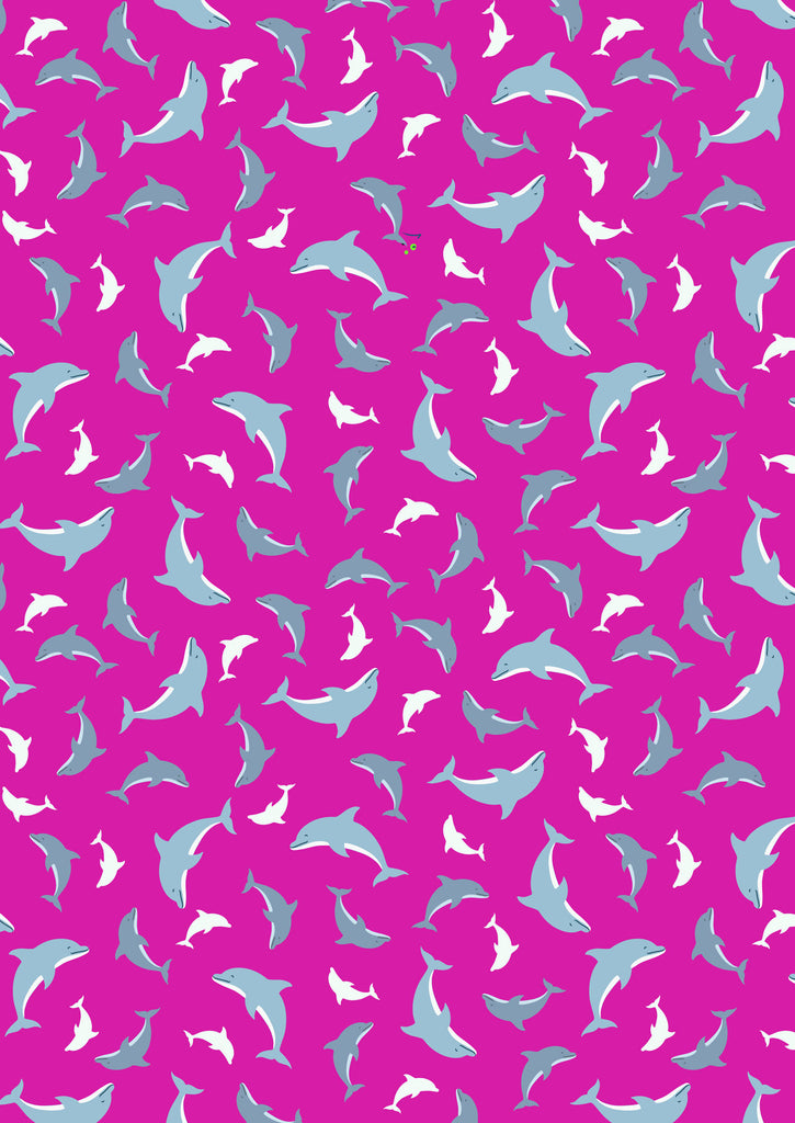 GLOW in the DARK Fabric SCATTERED DOLPHINS 2 Bright Pink from Ocean Glow Collection By Lewis and Irene D#A782 C#2