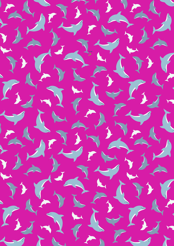 GLOW in the DARK Fabric SCATTERED DOLPHINS 2 Bright Pink from Ocean Glow Collection By Lewis and Irene D#A782 C#2