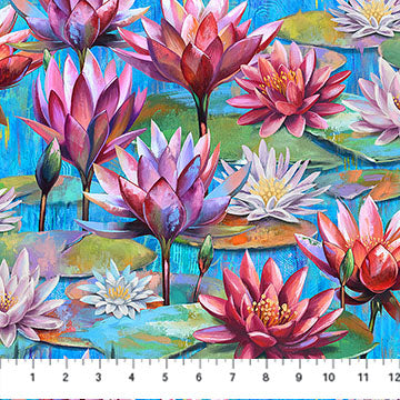 Fabric LOTUS Blue Multi from LOTUS Collection by Tim Parker for Northcott, DP28423-44