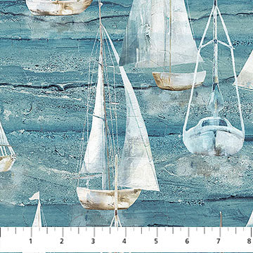 Fabric LARGE SAIL BOATS Medium Blue Multi from SMOOTH SALING Collection by Deborah Edwards for Northcott, DP28908-44