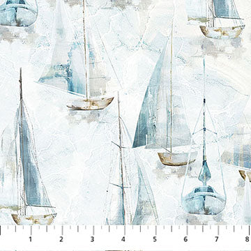Fabric SMALL SAIL BOATS White Multi from SMOOTH SALING Collection by Deborah Edwards for Northcott, DP28909-10
