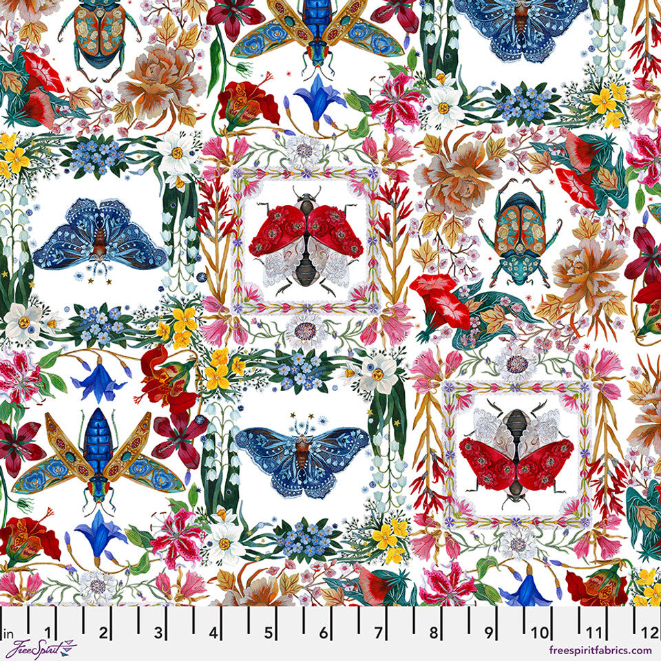 Fabric MOTH AND BEETLES WHITE from NOCTURNAL CREATURES Collection by Maria Matos PWMM008.WHITE