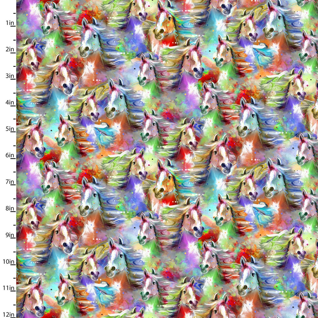 Fabric HORSE STAMPEDE, MULTI, from Whimsical West by Connie Haley for 3 Wishes, # 20276-MLT-CTN-D