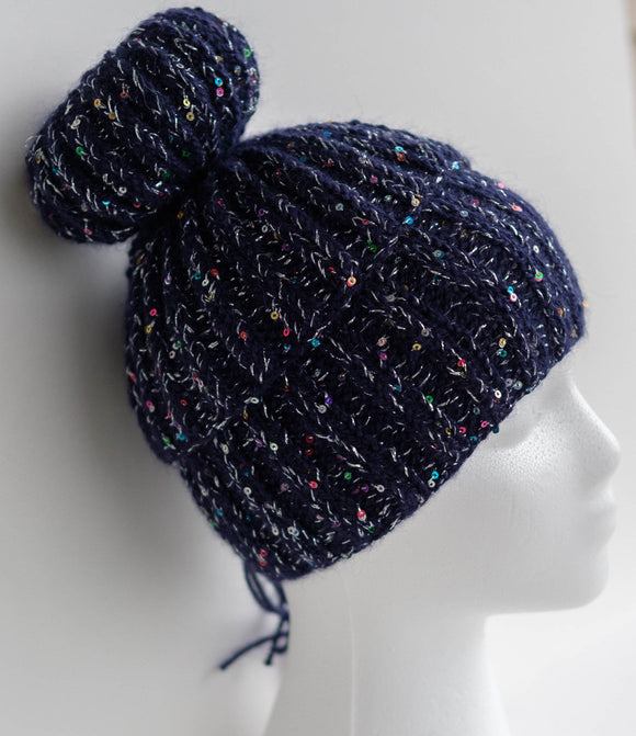 Hat, Handknit, with a Bun, Midnight Blue with Silver Sequin Yarn
