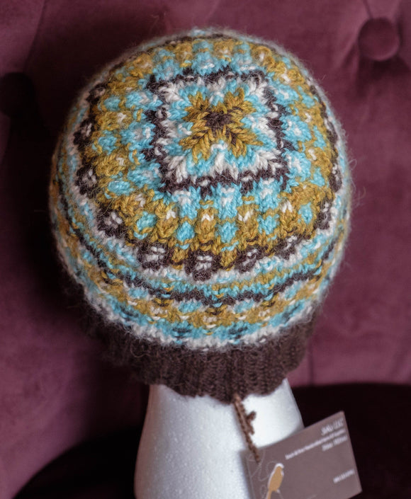 Hat, Handknit, Alpaca, Turquoise, Cream, Yellow-Green, and Brown.
