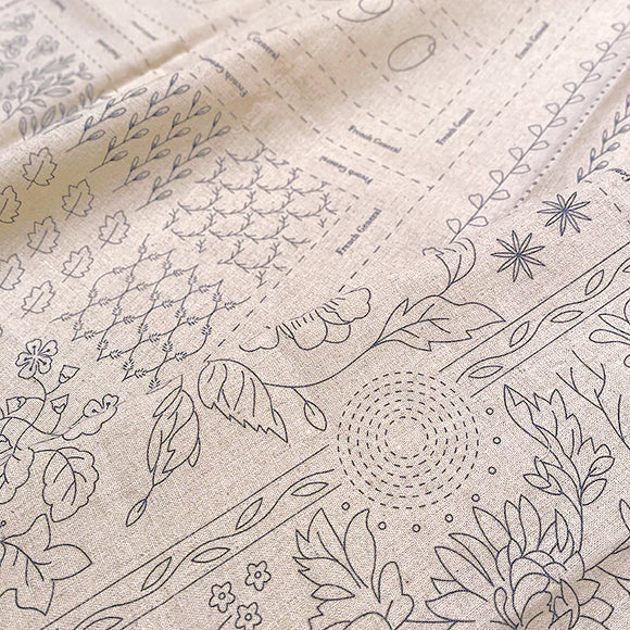 French General Embroidery Sampler pre-printed design on linen Jardin de Fleurs BLUE